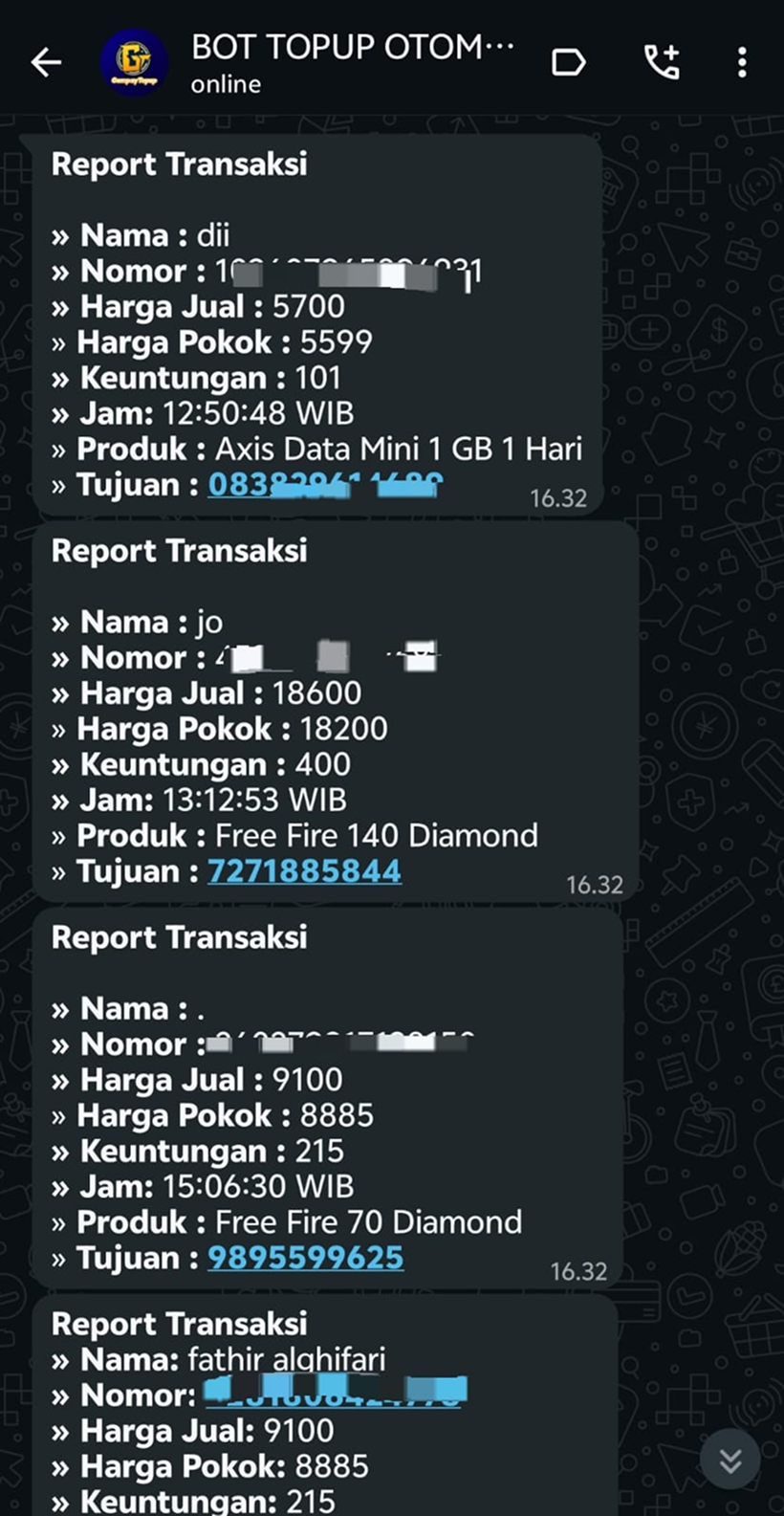 Fitur Report Transaksi bot topup WhatsApp