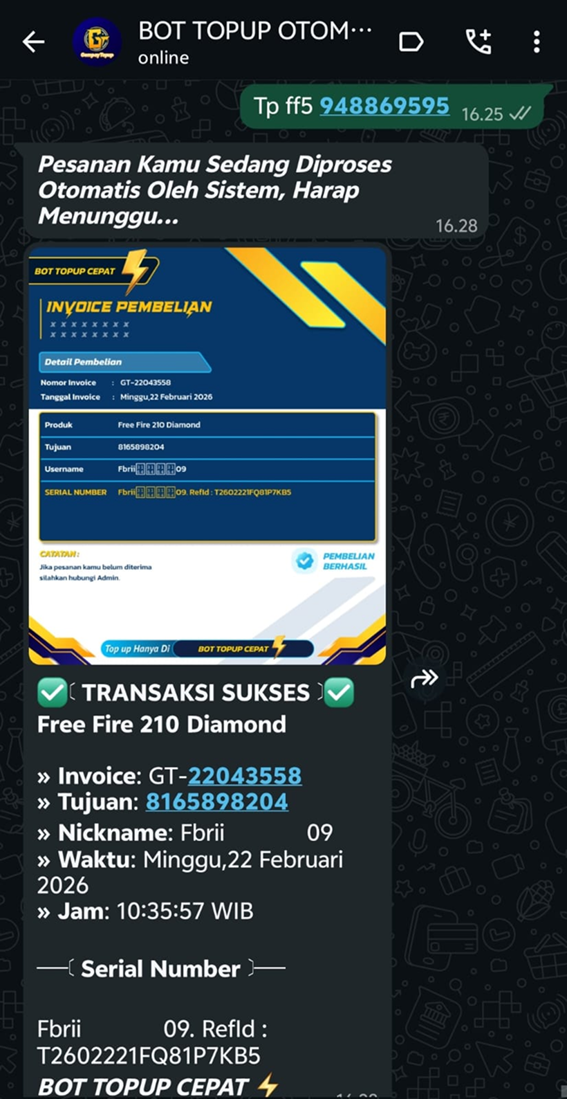 Fitur Order Dengan Saldo bot topup WhatsApp